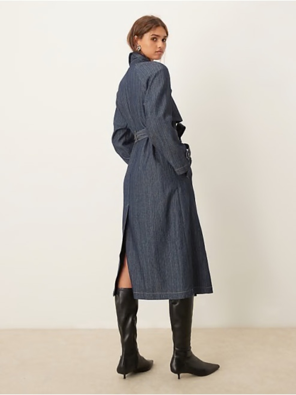 Dark Blue Denim-Style Double-Breasted Trench Coat - Picture 3 of 5